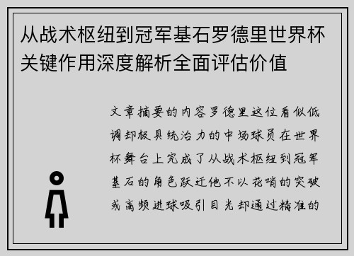 从战术枢纽到冠军基石罗德里世界杯关键作用深度解析全面评估价值