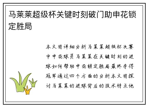 马莱莱超级杯关键时刻破门助申花锁定胜局 马莱莱超级杯关键时刻破门助申花锁定胜局